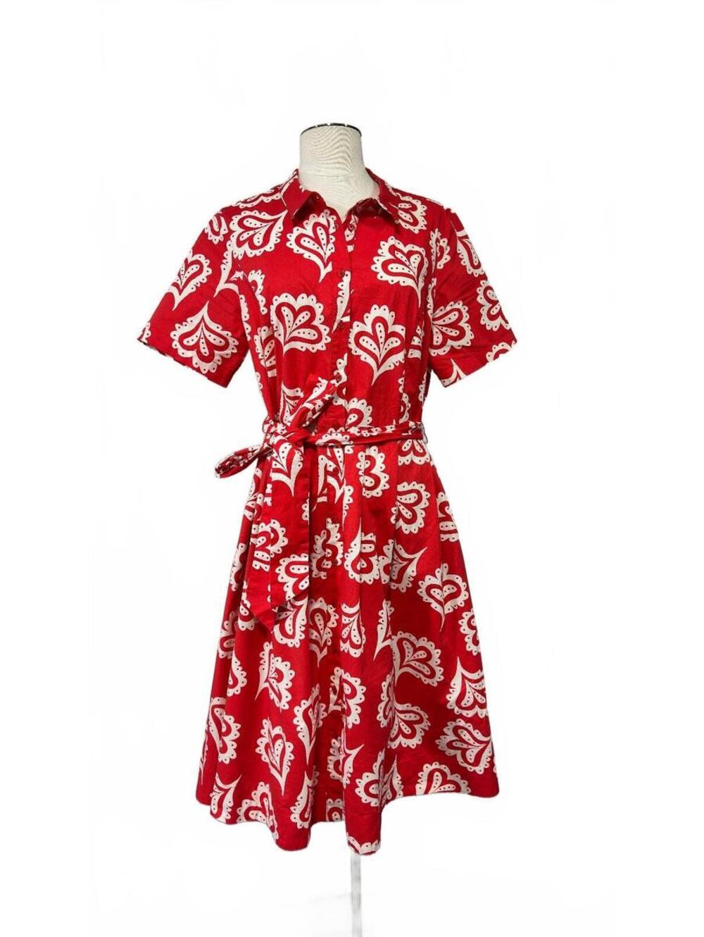 Boden Red and white floral print short sleeve belted dress sz 10R dd11